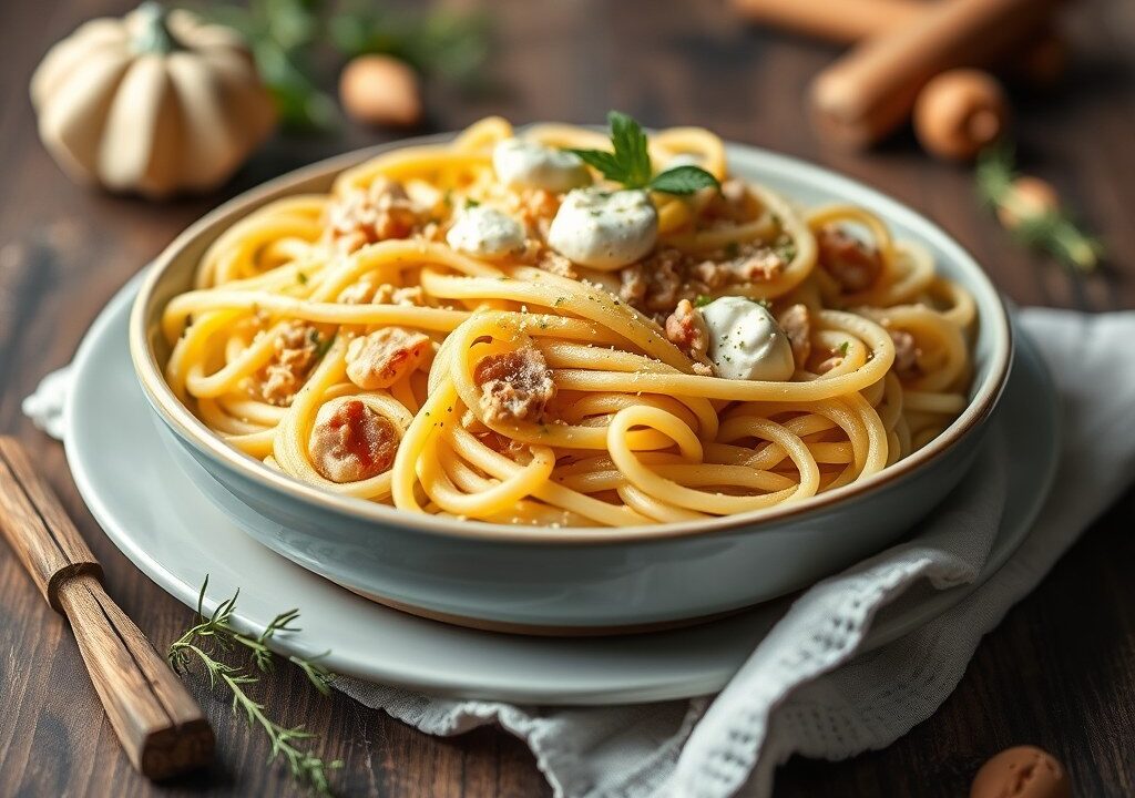 Pasta met tuinbonen, AI-gegenereerde illustratie