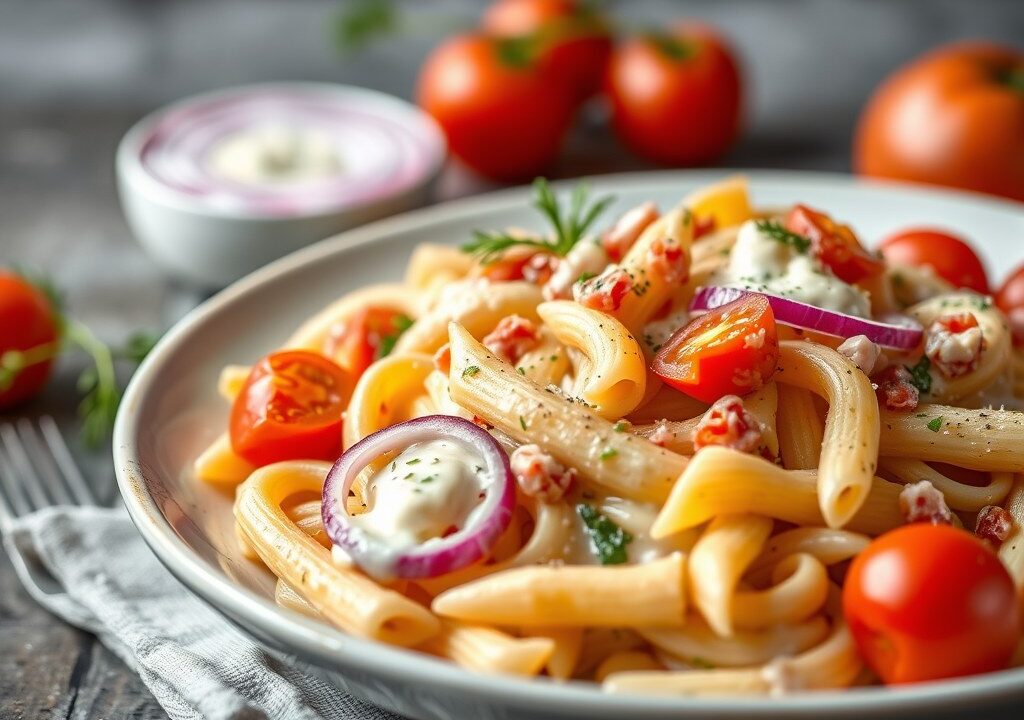 Pasta met varkenshaas en roomsaus, AI-gegenereerde illustratie