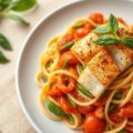 Pasta met verse tomatensaus en kruidige visrepen