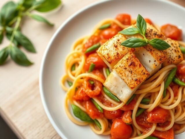Pasta met verse tomatensaus en kruidige visrepen