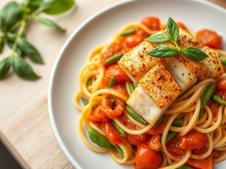 Pasta met verse tomatensaus en kruidige visrepen