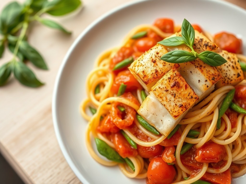Pasta met verse tomatensaus en kruidige visrepen, AI-gegenereerde illustratie
