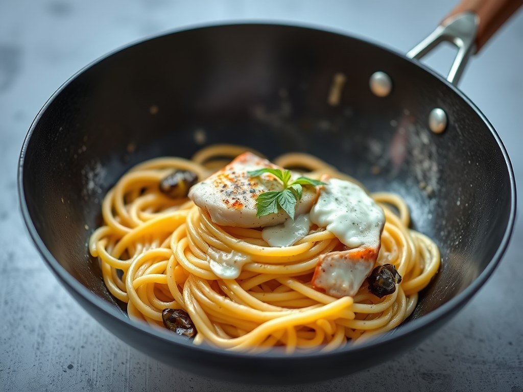 Pasta met vis, AI-gegenereerde illustratie