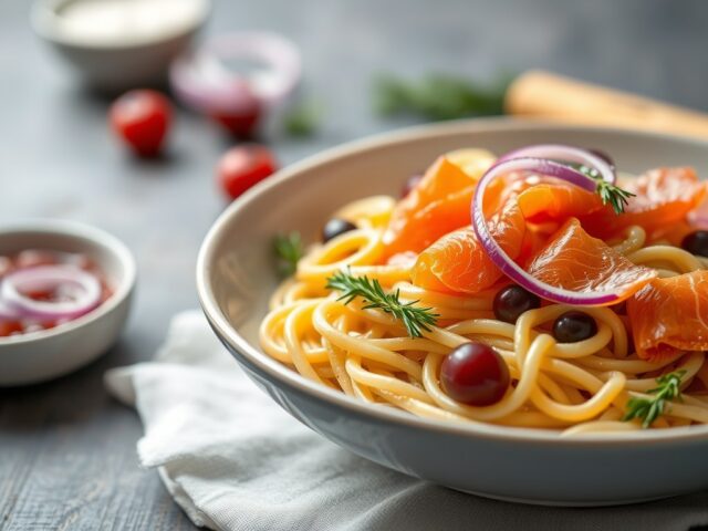 Pasta met visprutje — AI-gegenereerde illustratie