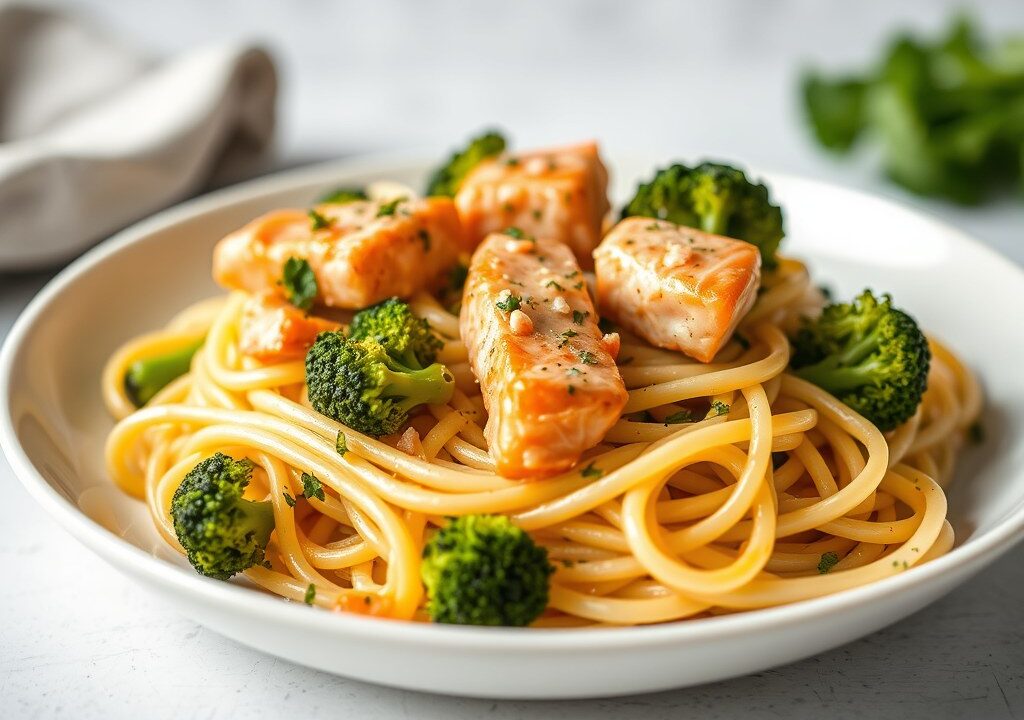 Pasta met zalm, broccoli en kerstomaatjes, AI-gegenereerde illustratie