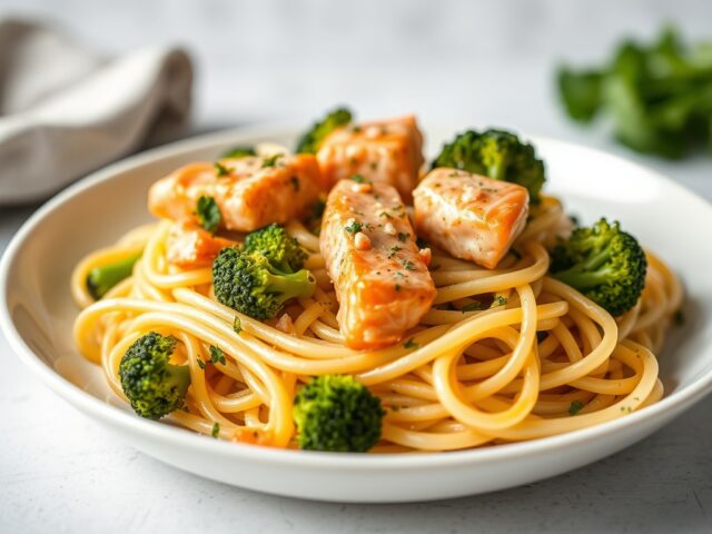 Pasta met zalm, broccoli en kerstomaatjes