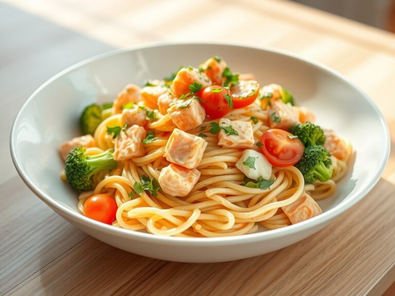 Pasta met zalm, broccoli en tomaten