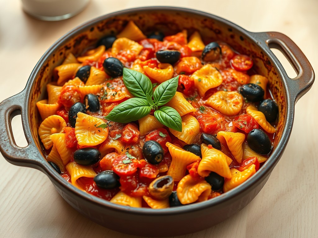 Pasta-ovenschotel met pizzasaus, AI-gegenereerde illustratie