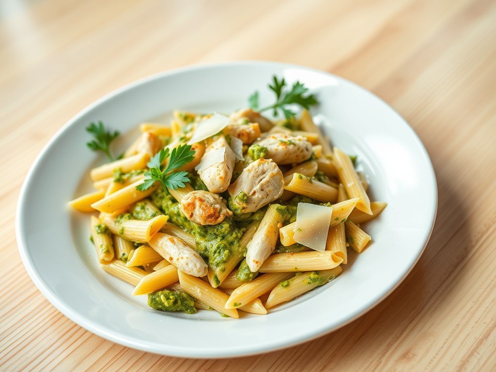Pasta pesto met kipfilet, AI-gegenereerde illustratie