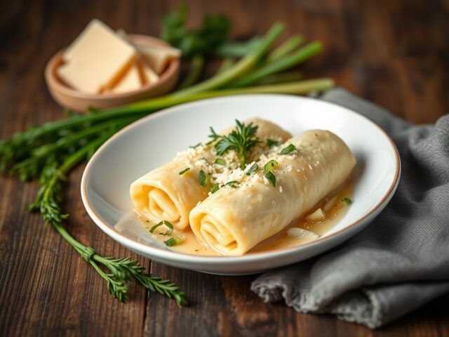 Pasta rolletjes met prei en kaas