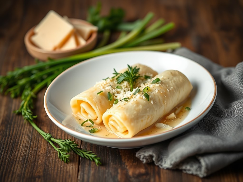 Pasta rolletjes met prei en kaas, AI-gegenereerde illustratie