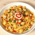 Pasta (spaghetti en castellani) in kip en groentesaus