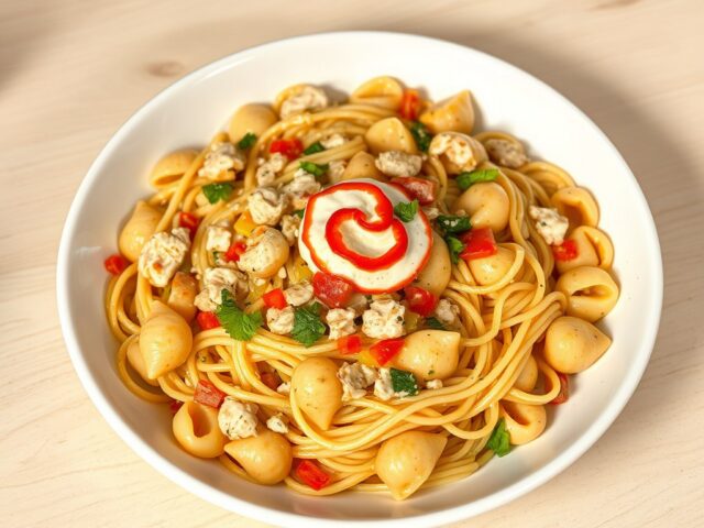 Pasta (spaghetti en castellani) in kip en groentesaus