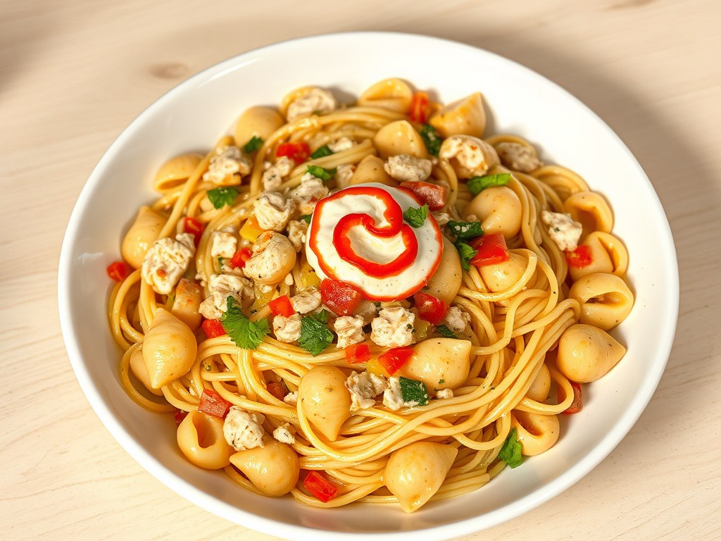 Pasta (spaghetti en castellani) in kip en groentesaus, AI-gegenereerde illustratie