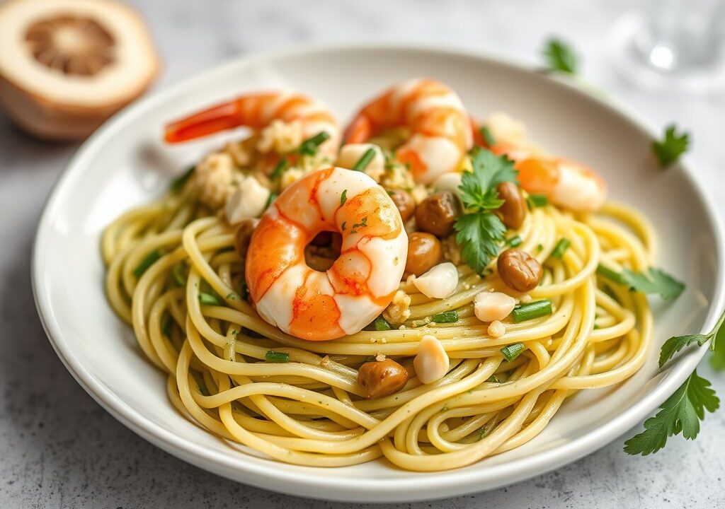 Pasta Verde con Pollo e Gamberi, AI-gegenereerde illustratie
