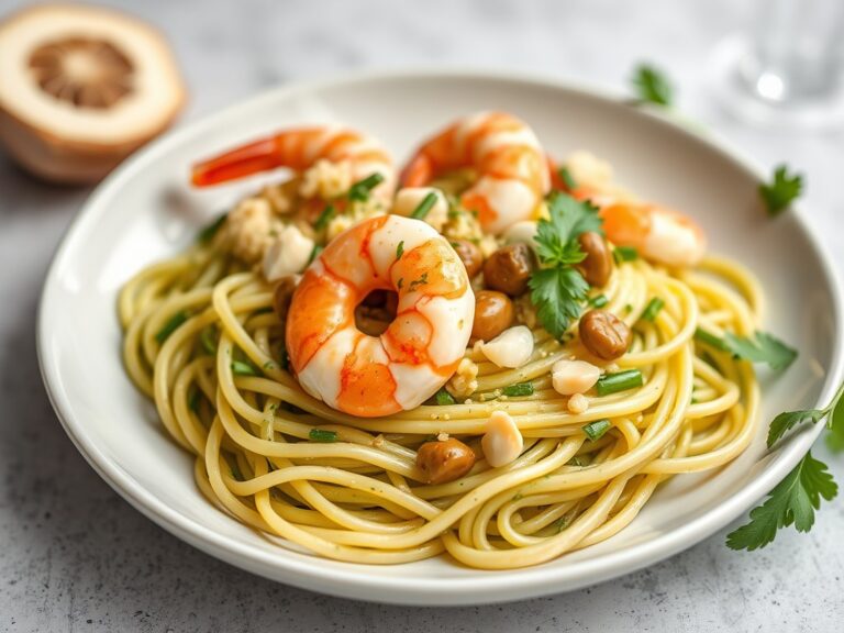 Pasta Verde con Pollo e Gamberi