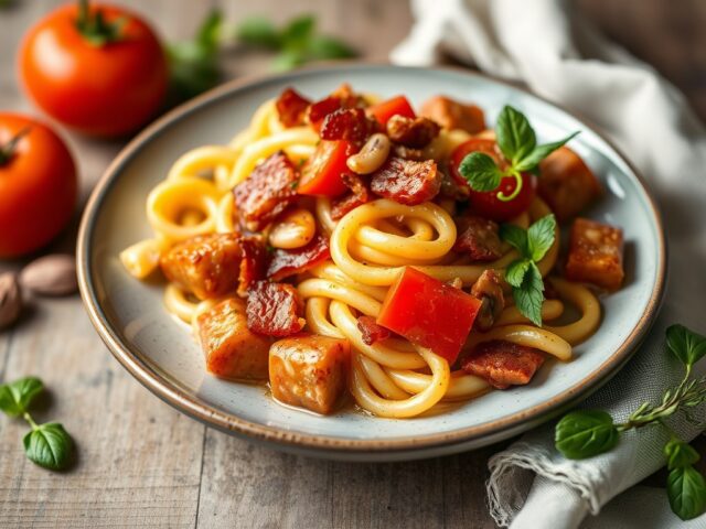 Pastabuisjes met bacon en tomaatjes
