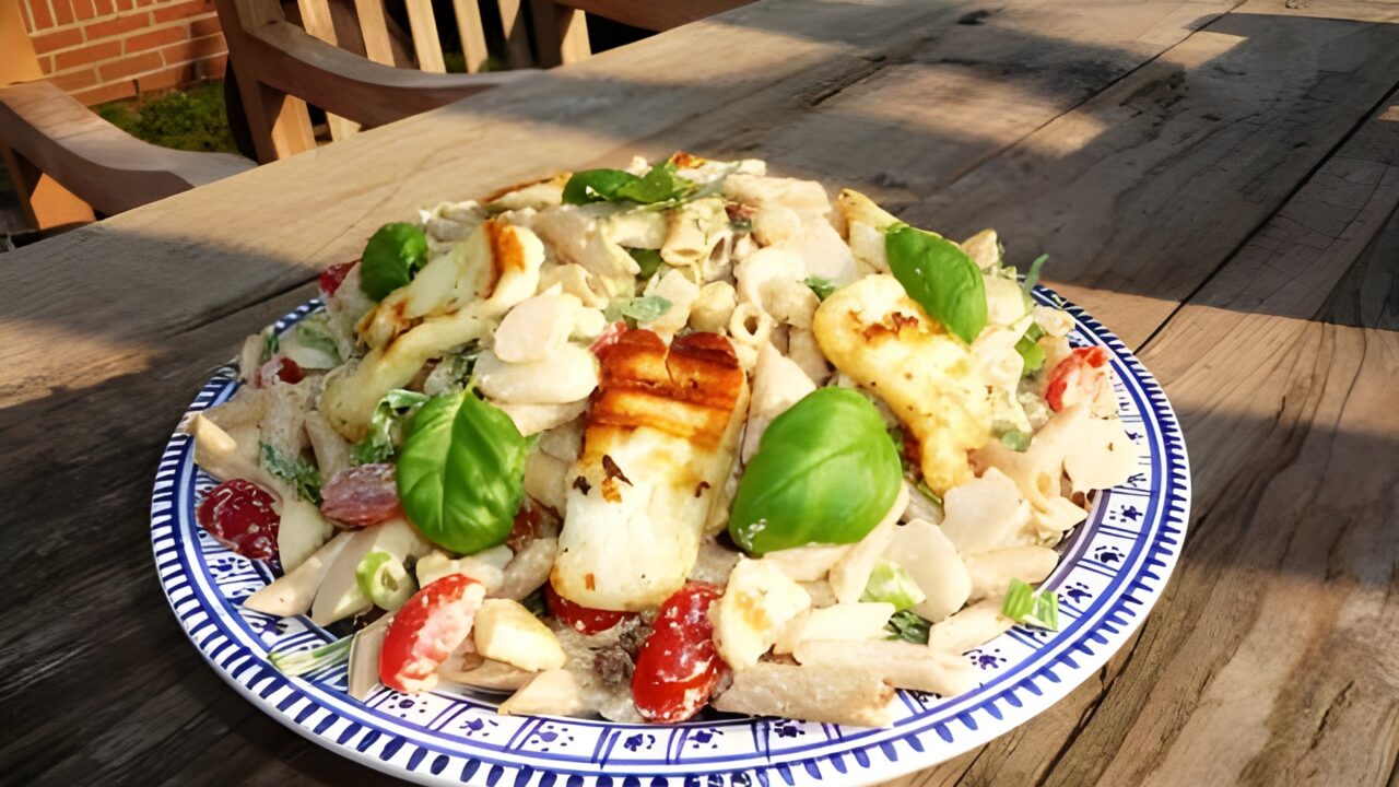 Pastasalade met asperges en gegrilde halloumi