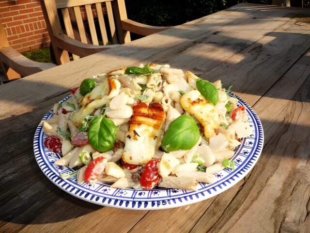 Pastasalade met asperges en gegrilde halloumi