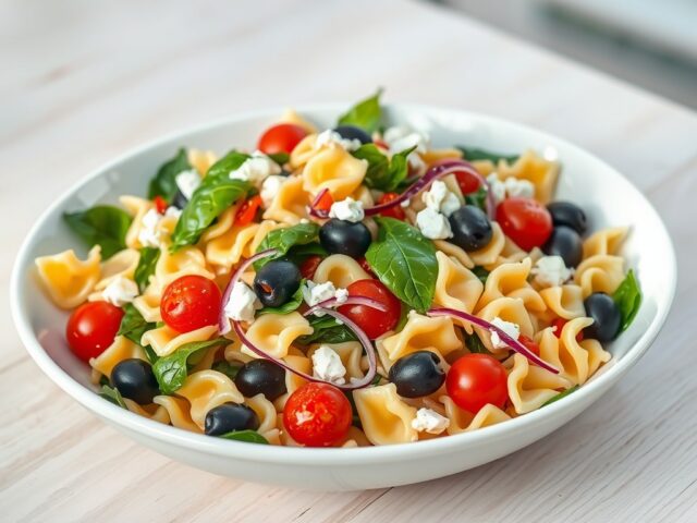 Pastasalade met feta en spinazie