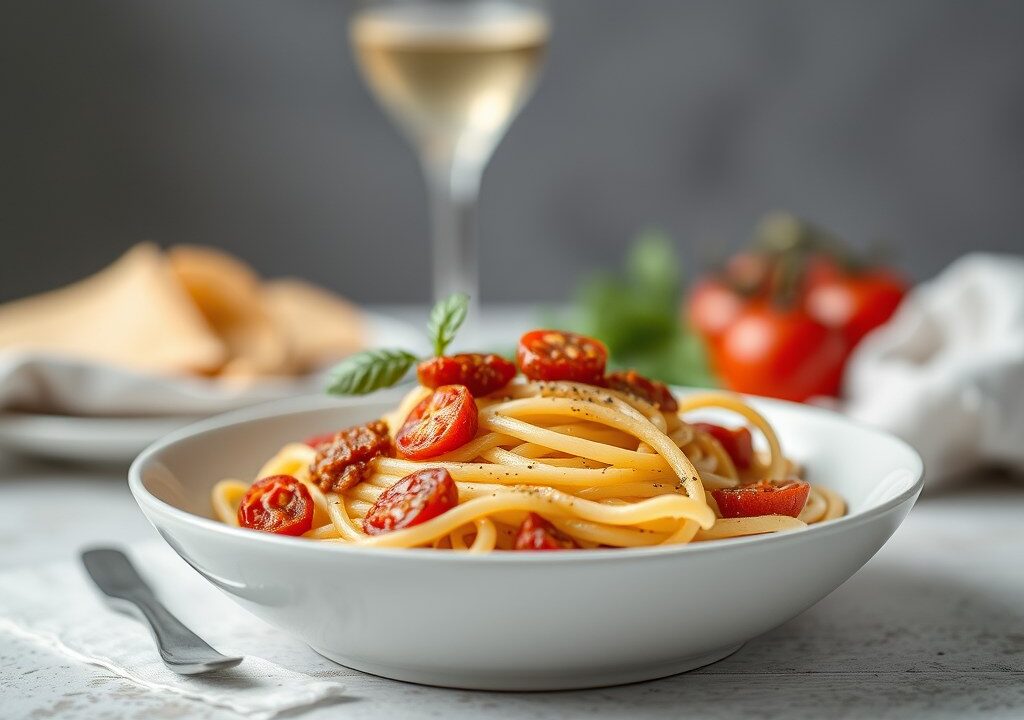Pastasalade met gedroogde zontomaatjes, AI-gegenereerde illustratie