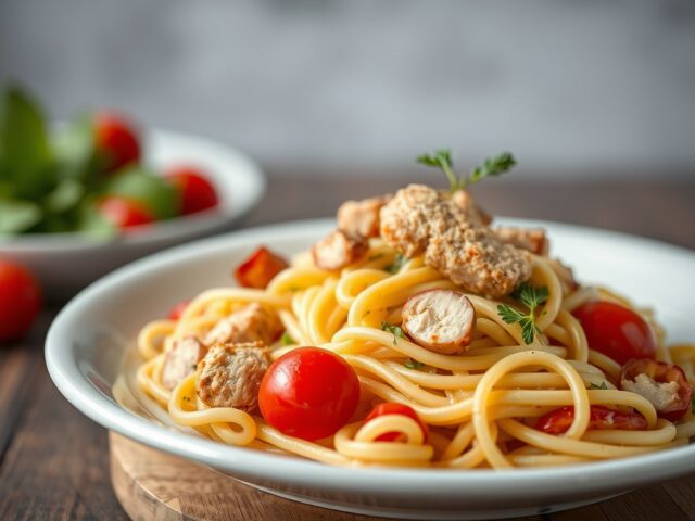 Pastasalade met gerookte kip — AI-gegenereerde illustratie