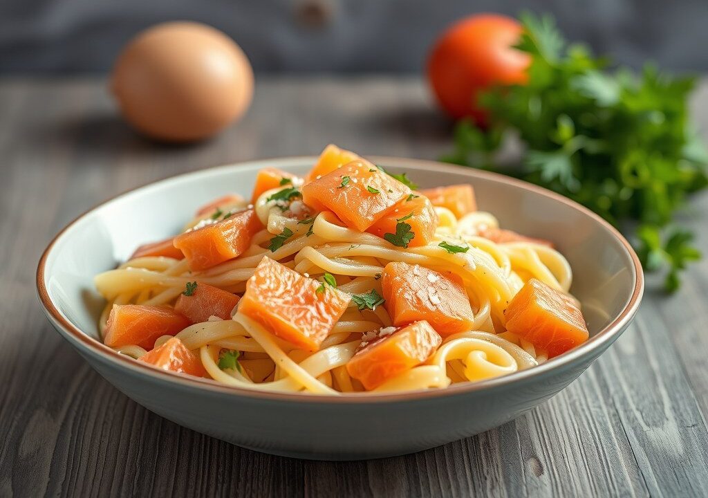 Pastasalade met gerookte zalm — AI-gegenereerde illustratie