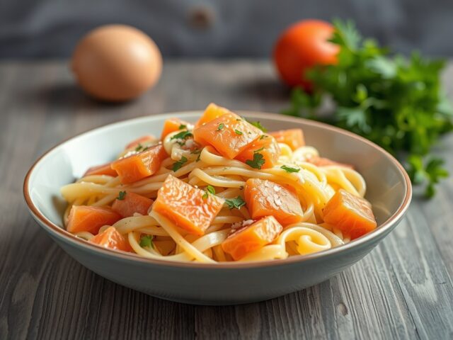 Pastasalade met gerookte zalm — AI-gegenereerde illustratie