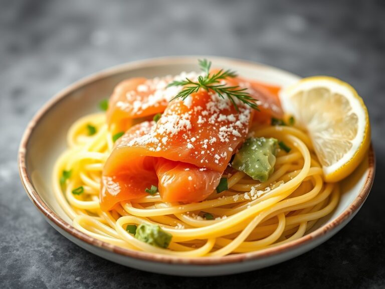 Pastasalade met gerookte zalm, avocado en witlof