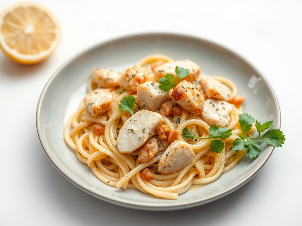 Pastasalade met honingkip, AI-gegenereerde illustratie