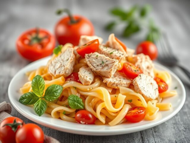 Pastasalade met kip — AI-gegenereerde illustratie