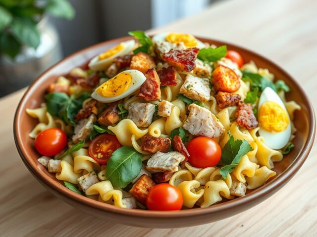 Pastasalade met kip en kerstomaatjes