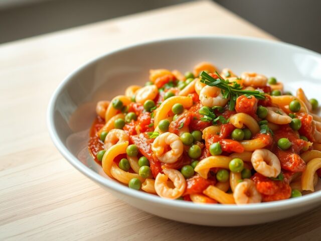 Pastasalade met paprikacoulis, erwten en scampis