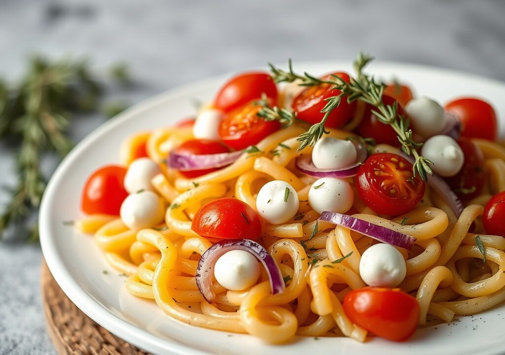 Pastasalade met tomaat en tijm, AI-gegenereerde illustratie