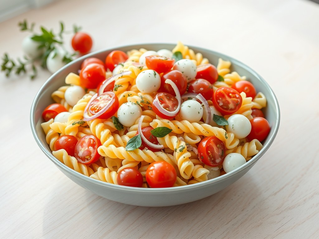 Pastasalade met tomaat en tijm, AI-gegenereerde illustratie