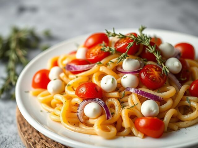 Pastasalade met tomaat en tijm — AI-gegenereerde illustratie