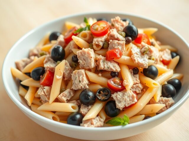Pastasalade met tonijn, artisjok en kapperappeltjes