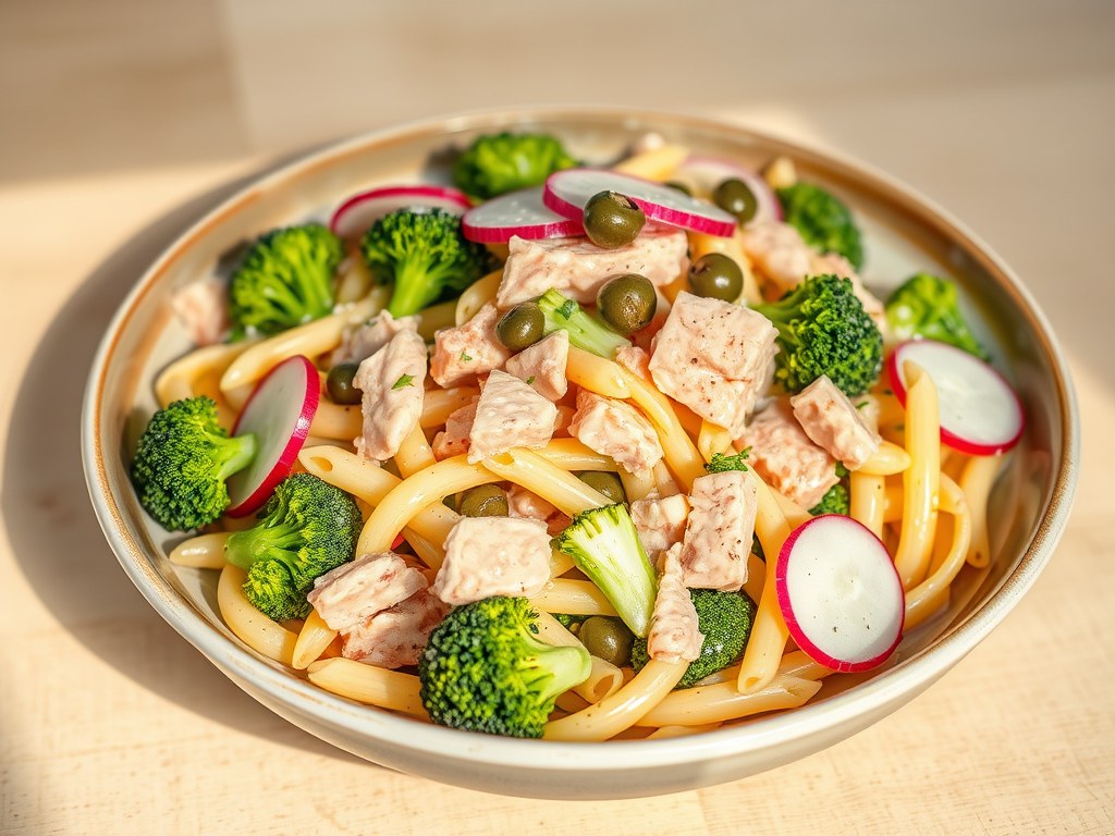 Pastasalade met tonijn en radijs, AI-gegenereerde illustratie