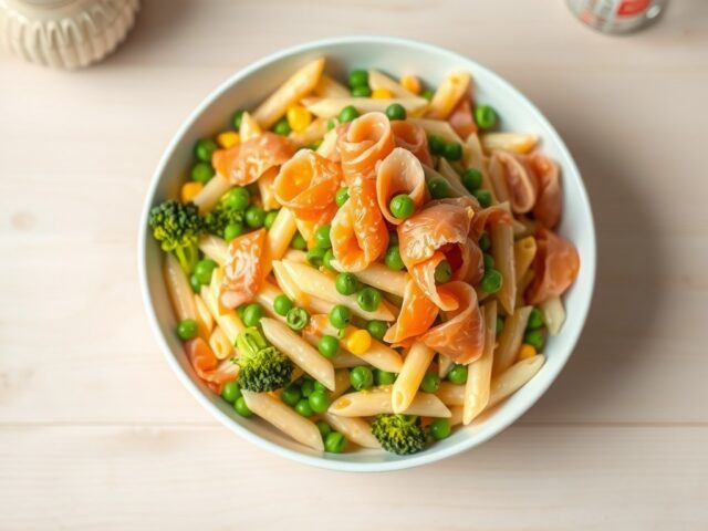 Pastasalade met zalm en sinaasappeldressing