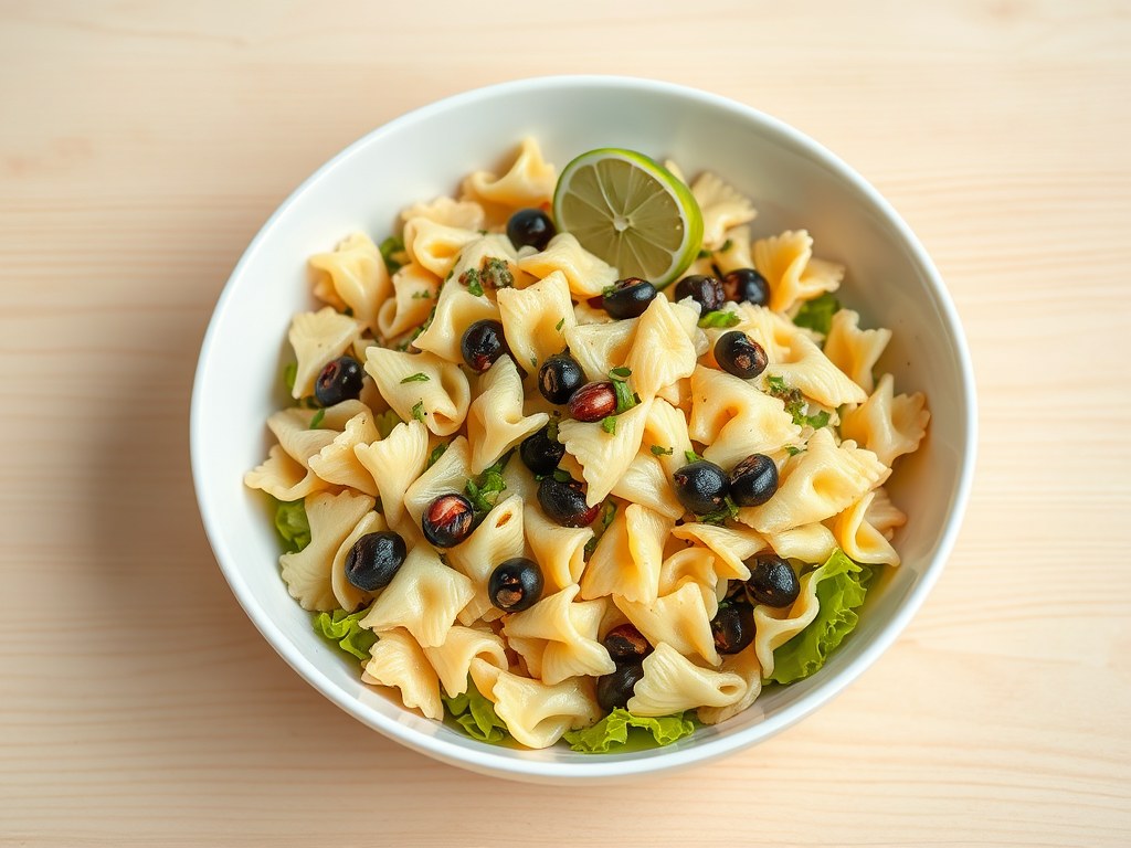 Pastasalade met zeefruit, AI-gegenereerde illustratie