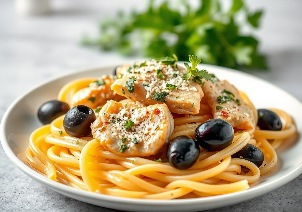 Pastasalade Olympus, AI-gegenereerde illustratie
