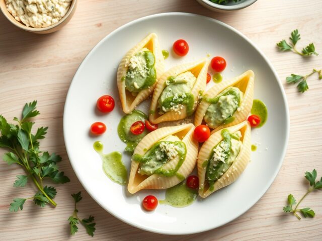 Pastaschelpen met courgettemousse en rucolacrème
