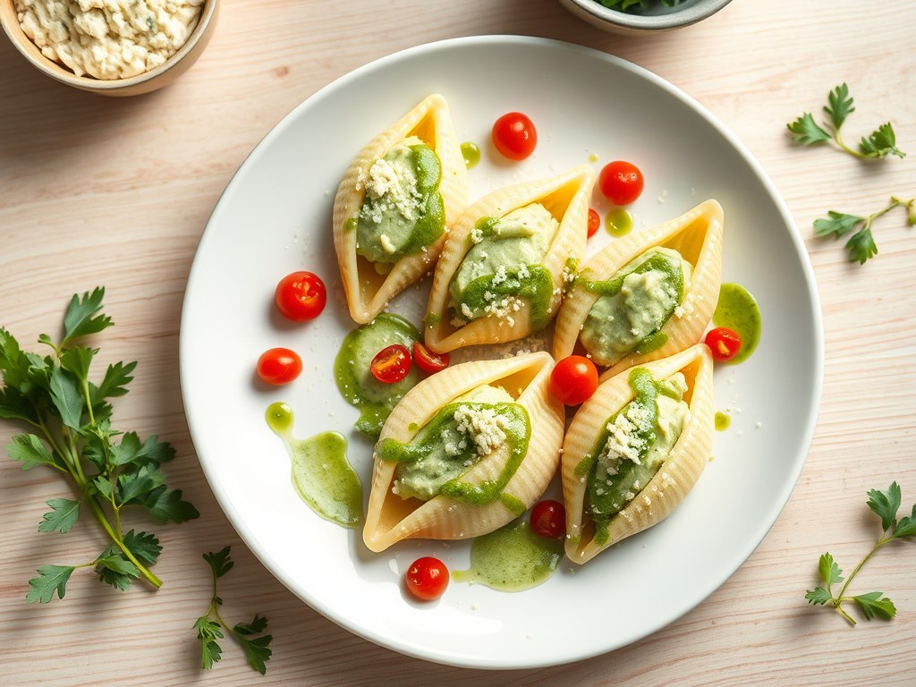 Pastaschelpen met courgettemousse en rucolacrème, AI-gegenereerde illustratie