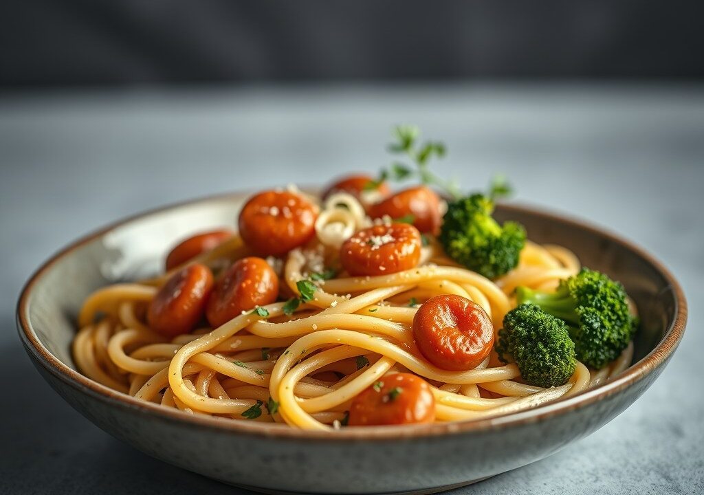 Pastaschotel met kippenchipolata, AI-gegenereerde illustratie