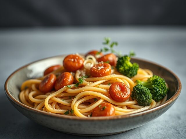 Pastaschotel met kippenchipolata — AI-gegenereerde illustratie