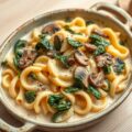 Pastaschotel met paddenstoelen en spinazie