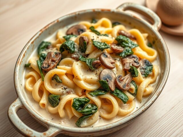 Pastaschotel met paddenstoelen en spinazie