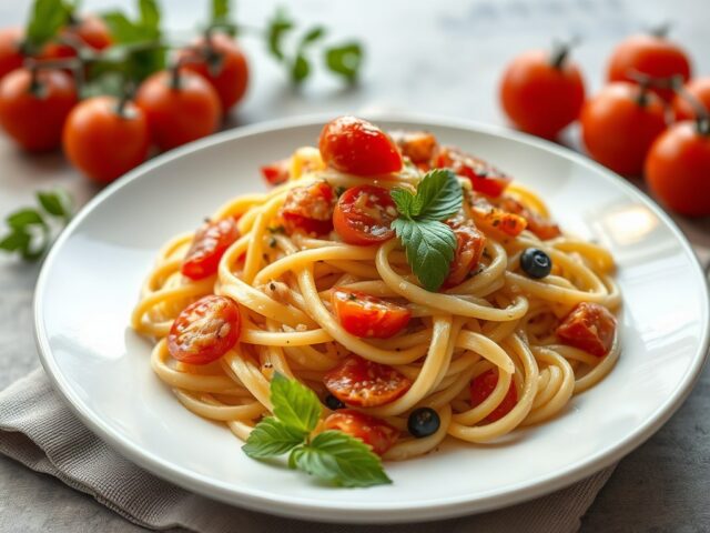 Pastaslaatje met pekelvlees en italiaanse dressing