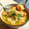 Pastasoep met gamba’s en peultjes
