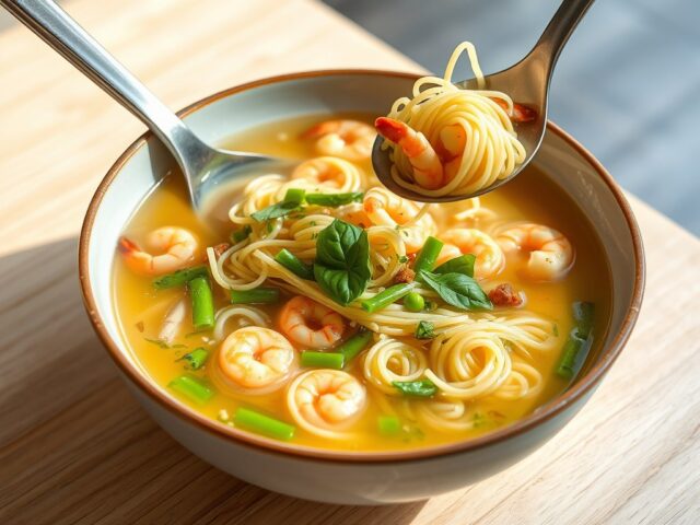Pastasoep met gamba’s en peultjes